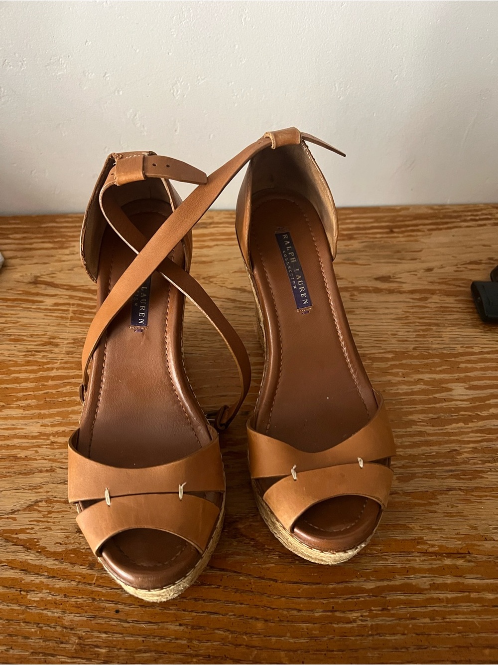 Ralph Lauren Cognac Leather Espadrille Wedge Sandals